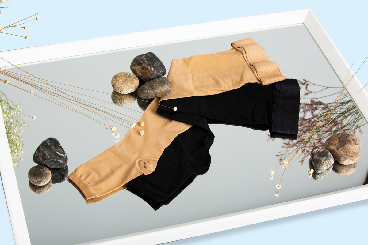 Compression stockings used for post-vein treatment aftercare.